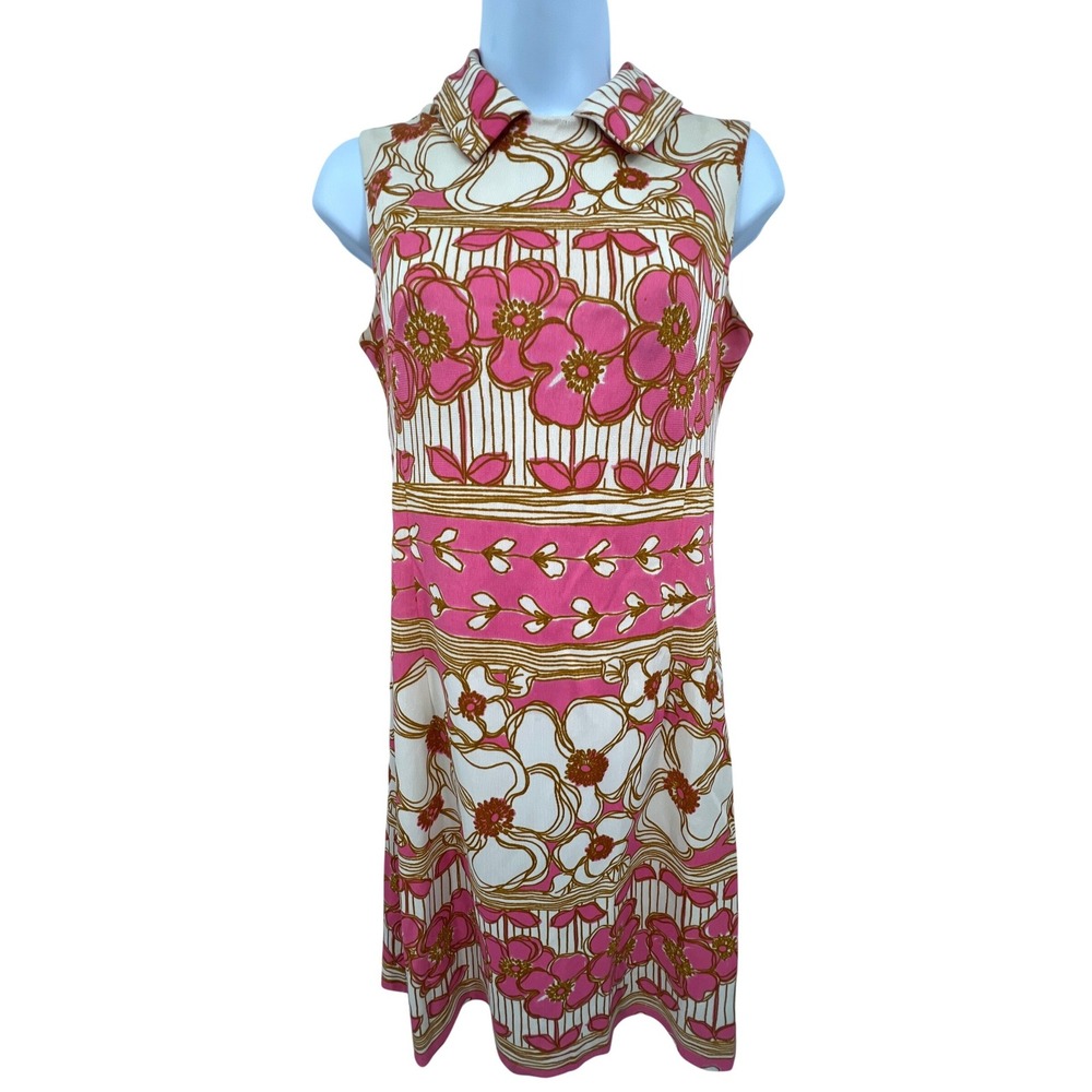 Vintage 60s or 70s Floral Sleeveless Polyester‎ A Line Dress Pink with Cream